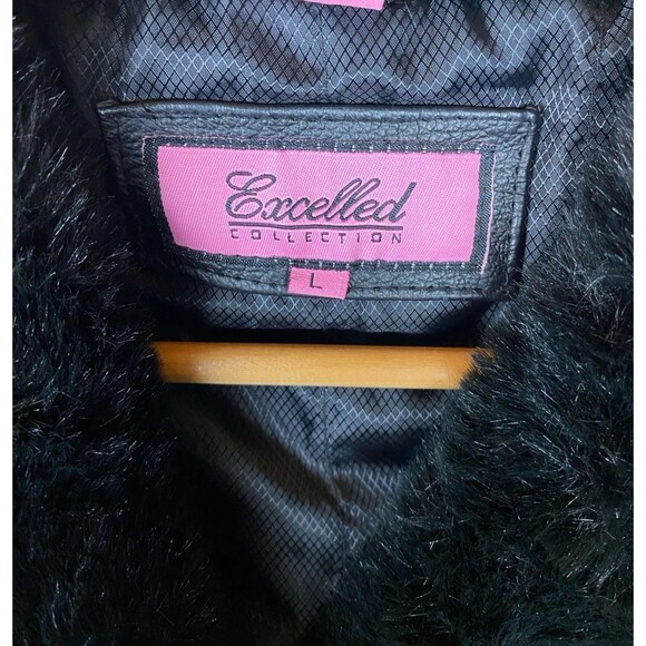 Women's Long Black Leather Trench Coat Faux Fur Trim Excelled Collection Size L - Picture 4 of 12